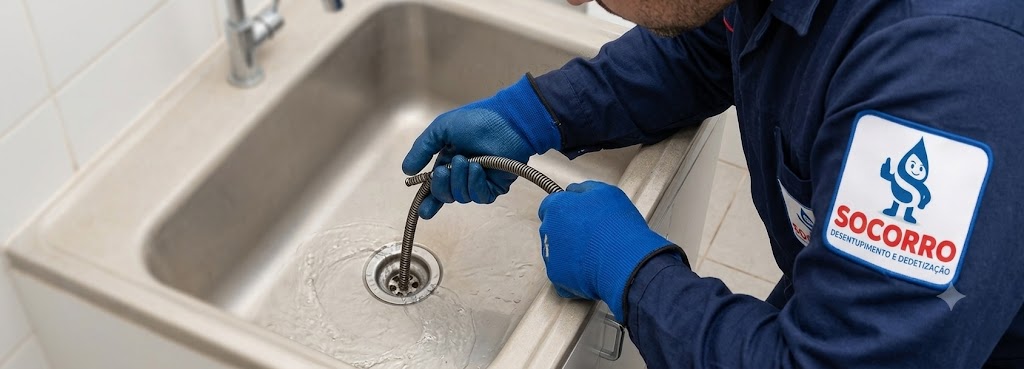 Profissional realizando Desentupimento de Esgoto, Pias, Ralos e Vasos Sanitários em Penha
