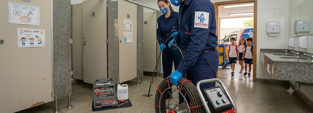 Profissional realizando Desentupimento e Manutenção Preventiva para Escolas, Colégios e Creches em Penha