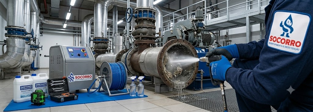 Profissional realizando Desentupimento, Hidrojateamento e Manutenção Preventiva Industrial em Penha