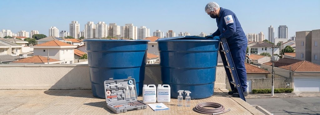 Profissional realizando Imunização e Desinfecção Bacteriológica de Caixas D'água em Penha